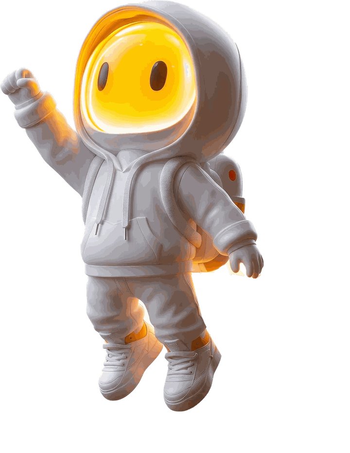 Mascota de ImpúlsateAI: un astronauta con sudadera que vuela con el puño en alto, impulsado por un cohete